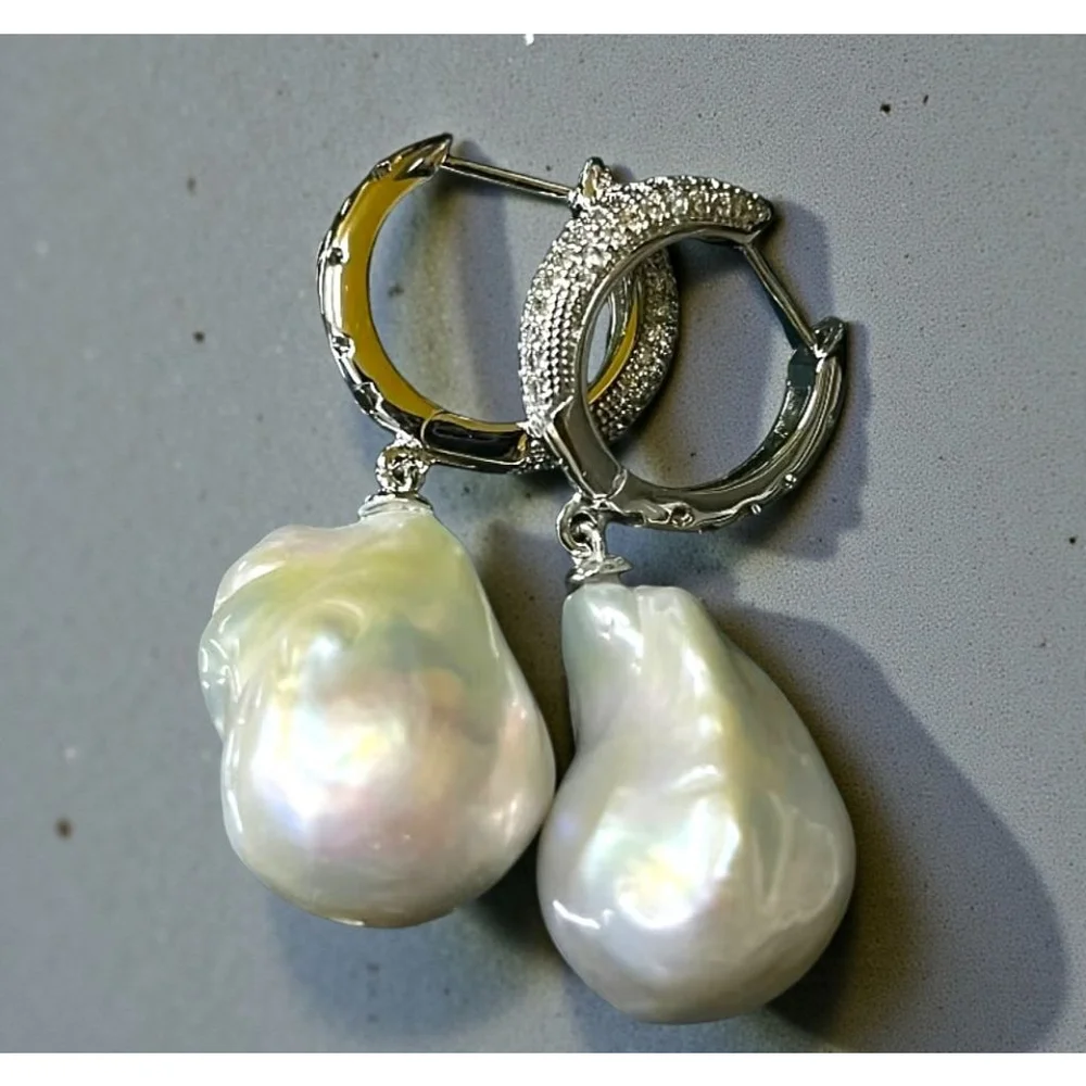 Sterling Silver 16MM Baroque Pearl & White Zircon Huggie Style Earrings - Picture 3 of 5